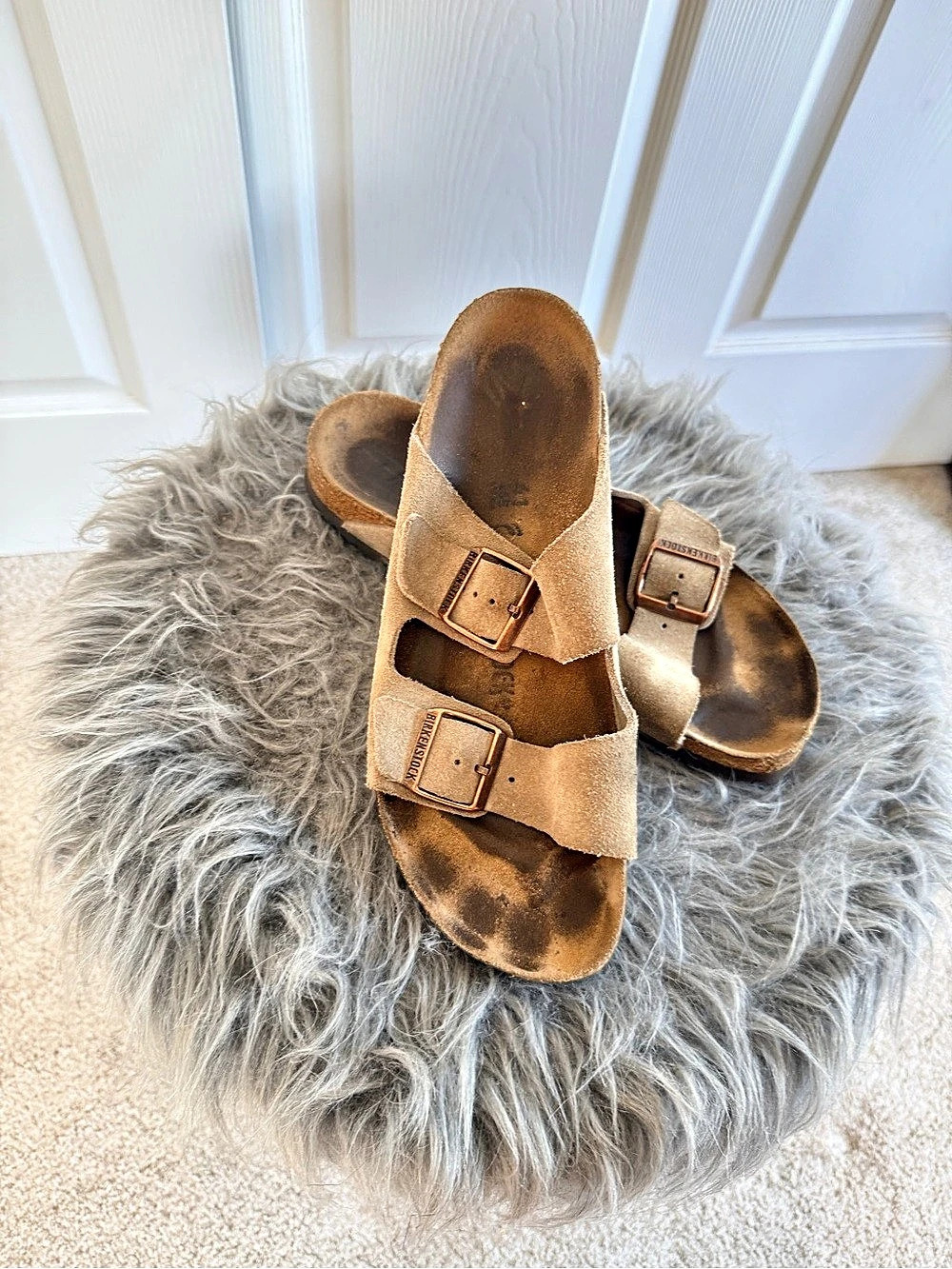 Birkenstock Arizona Taupe Suede Sandals Copper Buckles Size 41